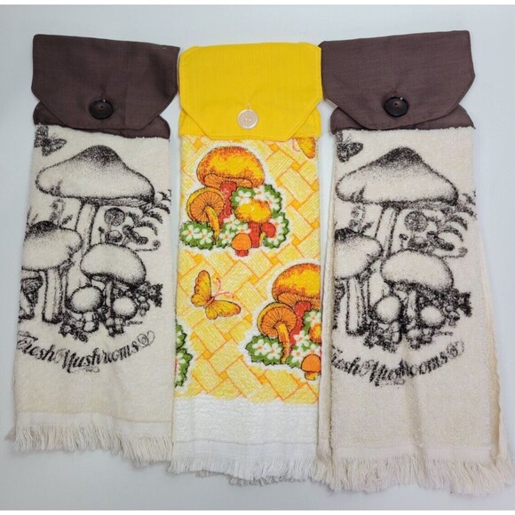 3 Vintage Mid Century Mushroom Kitchen Hand Towels - Picture 1 of 9
